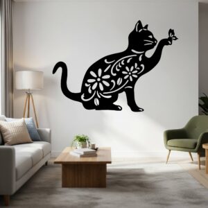 Aplique decorativo de gato con mariposa en MDF con diseño floral, ideal para decorar paredes con estilo único - Framideco